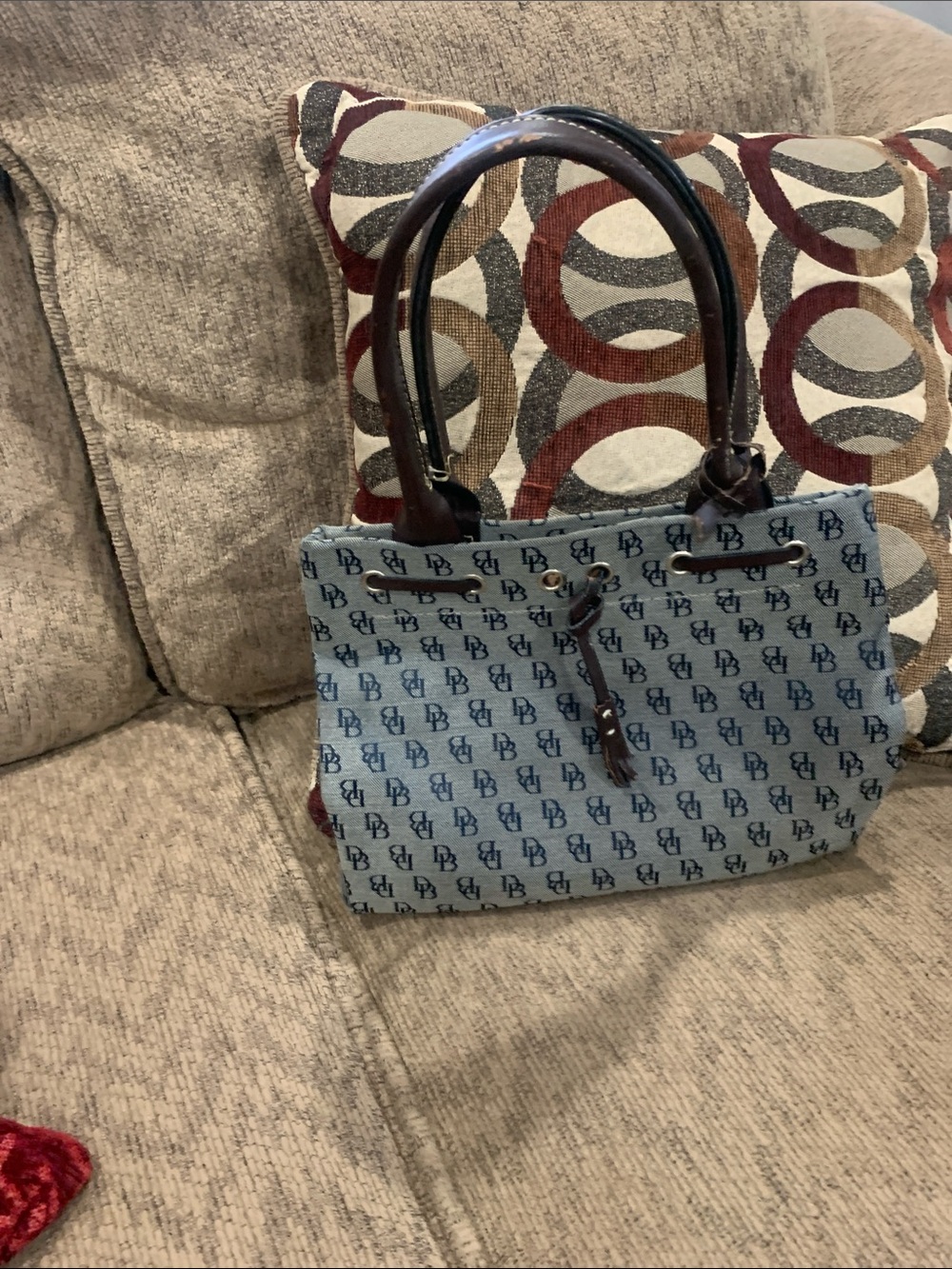 Dooney & Bourke Blue Monogram Tote with Brown Leather Handles